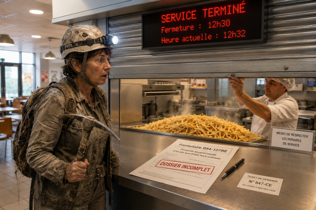 Martine de la compta en tenue de spéléologue devant le guichet de la cantine fermé, avec un panneau "Service Terminé" et un formulaire "Dossier Incomplet" pour les frites.