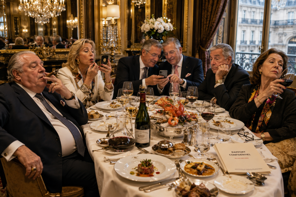 Commission parlementaire de simplification administrative autour d'un repas gastronomique dans un restaurant étoilé, avec un rapport confidentiel sur la table.
