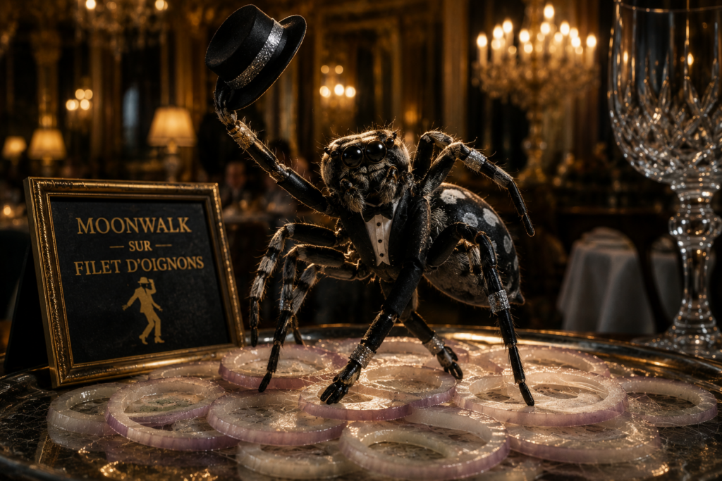 Araignée en smoking et chapeau haut-de-forme effectuant un moonwalk sur un plateau d'anneaux d'oignons, illustrant la désorientation face à la complexité administrative.