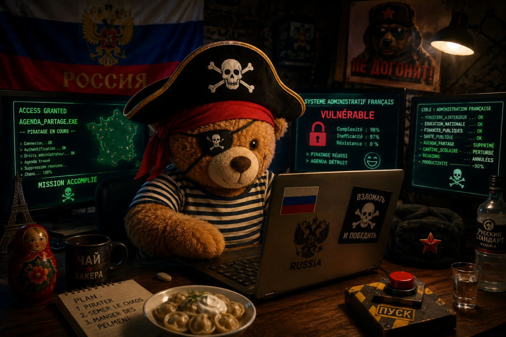 Nounours en tenue de pirate russe piratant l'agenda administratif partagé sur plusieurs écrans d'ordinateur, illustrant la cyberattaque d'un hacker de 8 ans.