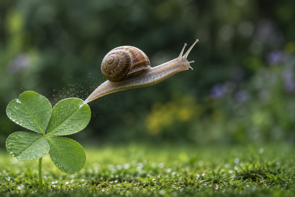 Escargot effectuant un saut en longueur dynamique au-dessus d'un trèfle à quatre feuilles, illustrant la difficulté de saisir un caractère spécial sur un clavier de téléphone.
