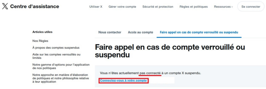 Capture d'écran réelle du centre d'aide de X (Twitter) montrant un message d'erreur absurde demandant de se connecter à un compte suspendu.