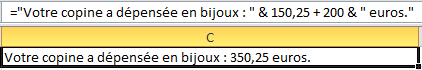 Capture d'écran, usage de l'opérateur de concaténation sur excel.