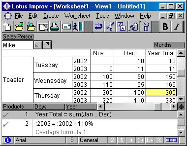Capture d'écran tableur Lotus Improv.