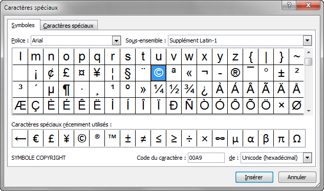Capture écran fenêtre caractères spéciaux Microsoft Office.