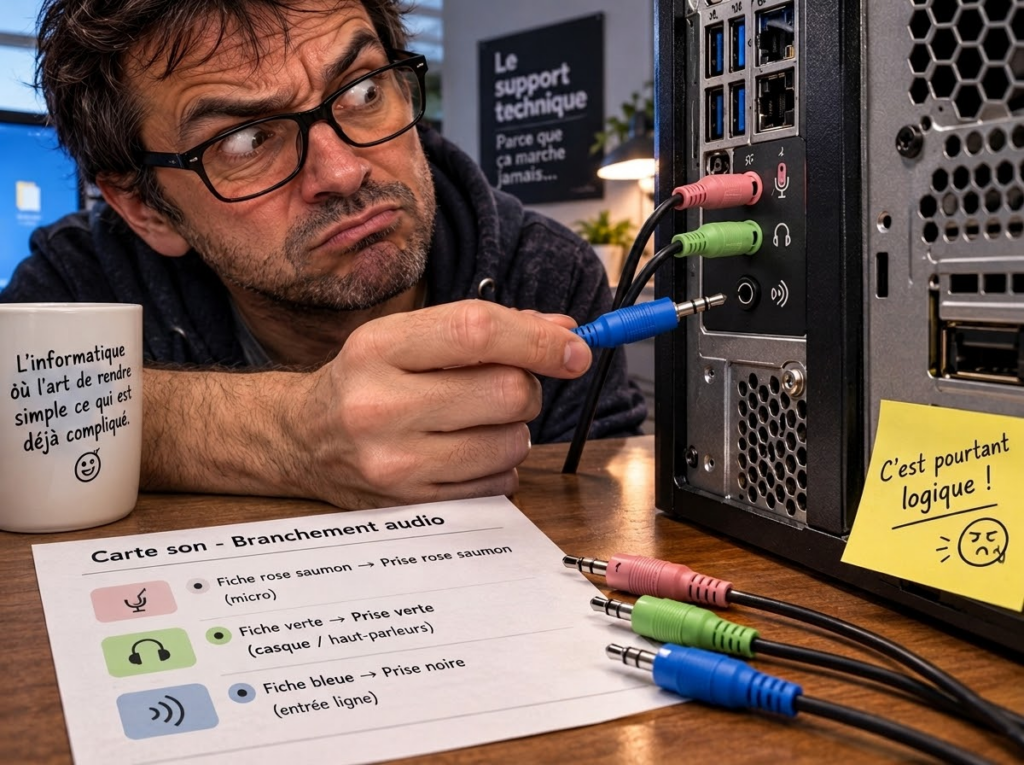 Illustration humoristique d'un utilisateur perplexe face au branchement absurde d'une carte son : fiche bleue sur prise noire.