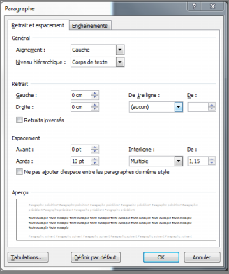 Fenêtre "Paragraphe" de Microsoft Word.