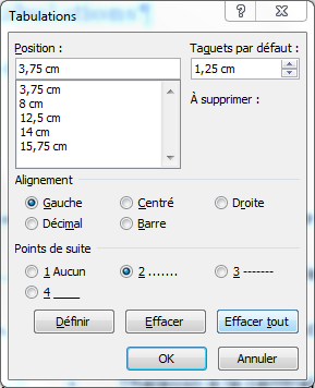 Fenêtre des tabulations de Microsoft Word.