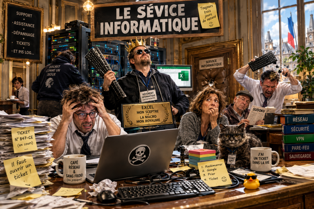 Illustration humoristique d'un service informatique en chaos : employés paniqués, collègue fortiche couronné tenant un clavier, et chatbot représenté par un chat.