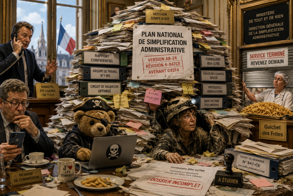 Fresque satirique de la simplification administrative française : montagne de paperasse, ministre au téléphone, nounours pirate hacker, Martine épuisée et guichet des frites fermé.